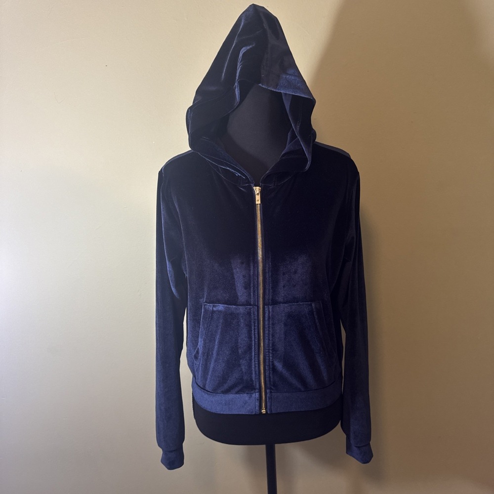 Fabletics Velvet Hoodie Donna Velour full-zip navy blue gold Zipper Size XXS/Med